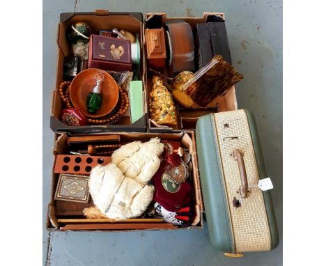 MISCELLANEOUS ITEMS, INCLUDING EMBOSSED LEATHER FOLDER, MAHOGANY MANTEL CLOCKS, WOOD CARVINGS, ETC