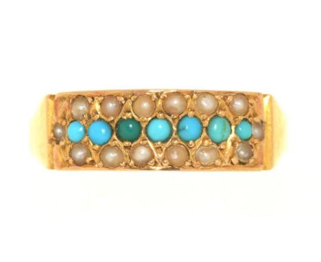 A VICTORIAN TURQUOISE AND PEARL RING, IN 15CT GOLD, CHESTER 1889, 2G, SIZE O++IN GOOD CONDITION WITH LIGHT WEAR CONSISTENT WI