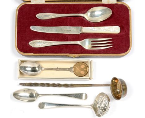 MISCELLANEOUS SILVER FLATWARE, GEORGE III AND LATER, 3OZS 3DWTS WEIGHABLE (5)++LADLE TARNISHED