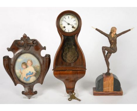 AN ART DECO STYLE FIGURE OF A FEMALE DANCER ON SLATE BASE, 36CM H, A FRENCH ROSEWOOD WALL CLOCK WITH ENAMEL DIAL, CHINESE STY