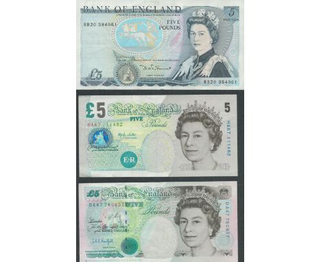 Three £5 Banknotes includes Old English Blue £5 Note 1971 to 1990 David Somerset (Chief Cashier) Plus the two £5 Notes that f
