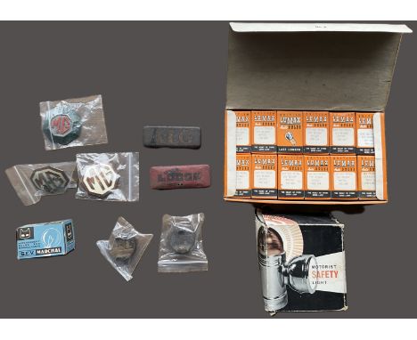 A collection of various vintage vehicle, auto related items including an original Lumax Auto Bulbs cardboard retail box conta
