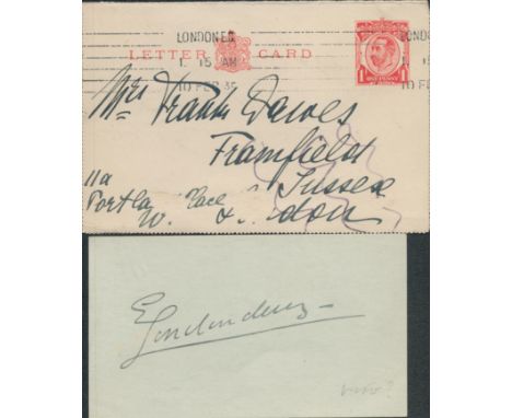 A Hand-Written Letter Card dated 10th Feb 1934 with one penny stamp and Postmarked London E.C. plus a signature item on water
