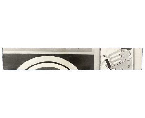 A rectangular portion of an exhibition art piece owned by Dennis Hopper. A glossy black and white print adhered to cardboard 