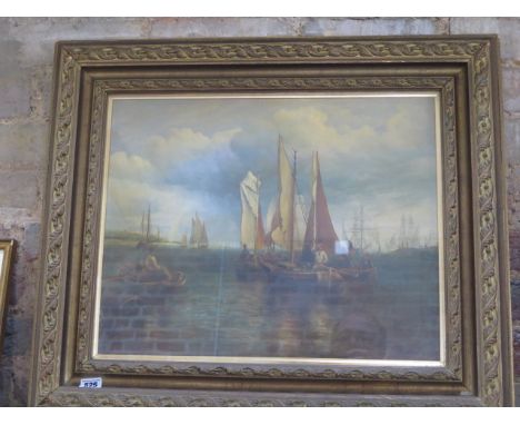 An oil on canvas board seascape scene with sailing boats in an ornate gilt frame - 59cm x 70cm 