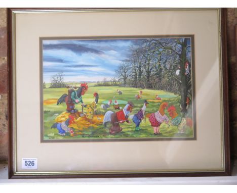 Paul Chapman 1991 watercolour, Chickens Playing Golf - 44cm x 35cm overall - in very good condition 