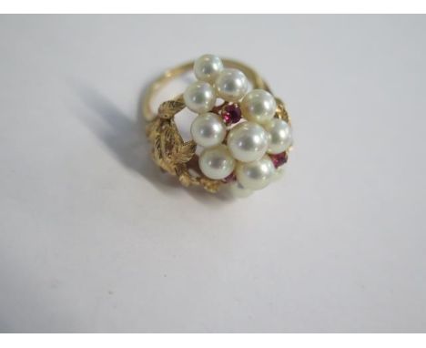 A 14ct yellow gold pearl and garnet/ruby cluster ring size M/N - approx weight 7.4 grams - good condition 