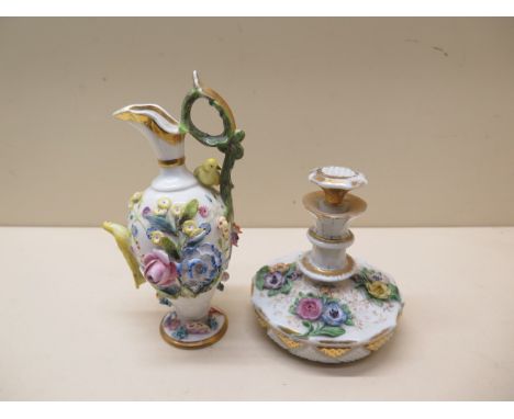 A Spode Felspar floral encrusted ewer - Height 16cm - a porcelain scent bottle - both with some petal losses 