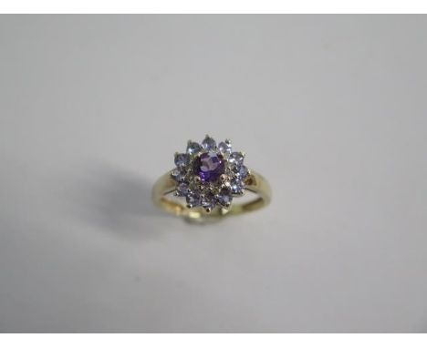 A 9ct Yellow Gold Amethyst Diamond and Aquamarine Ring, Head Size approx. 13mms Diameter, Ring Size approx. O - good conditio