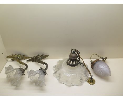 A pair of brass wall lights with shades, a ceiling lamp with shade and a hall lantern lamp with glass shade 