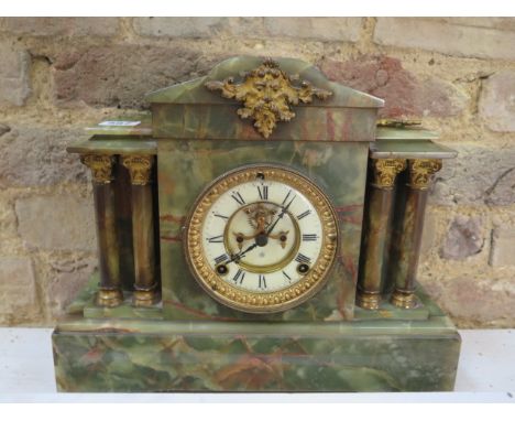 A green Onyx architectural mantle clock - Height 30cm x Width 36cm - with key, running 