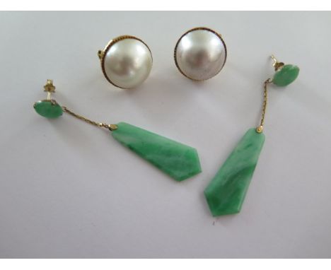A pair of 9ct jade drop earrings - Length 6.5cm - and a pair of gold pearl earrings, surface test to approx 18cm - one pearl 