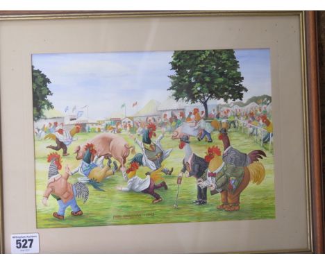 Paul Chapman 1993 watercolour, Chickens Playing at a Country Fair - 38cm x 32cm overall - in very good condition 