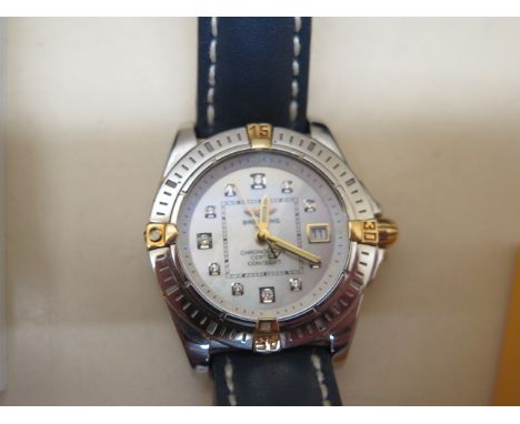A ladies 2007 Breitling Chronometer Cockpit quartz watch with mother of pearl dial, 30mm rotating bezel on a leather strap, s