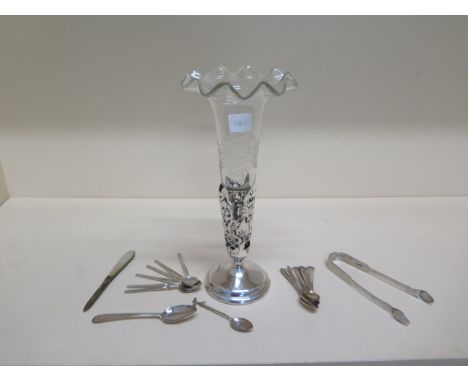 A weighted silver epergne stand with associated flute - Height 28cm - and assorted silver flatware - approx weight 10 troy oz