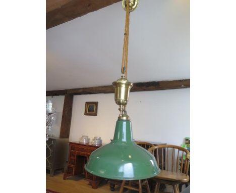 An industrial type rise and fall lamp - shade 35cm diameter 