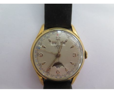 A Venus manual wind gents date moon roller wristwatch - 35mm case - on a leather strap - case no 87973, 3819 - running, some 