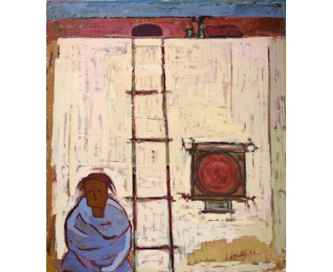 Apostolos Dedes, geb. 1937,  griechischer Expressionist,Person vor einer Wand mit Leiter, Acryl/Lwd/Hartfaser, signiert recht