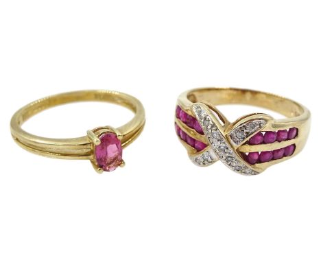 Gold diamond crossover ring, with ruby set shoulders and a gold oval pink stone ring, both 9ct hallmarked or stamped