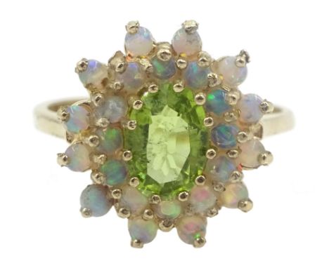 9ct gold peridot and opal cluster ring, hallmarked