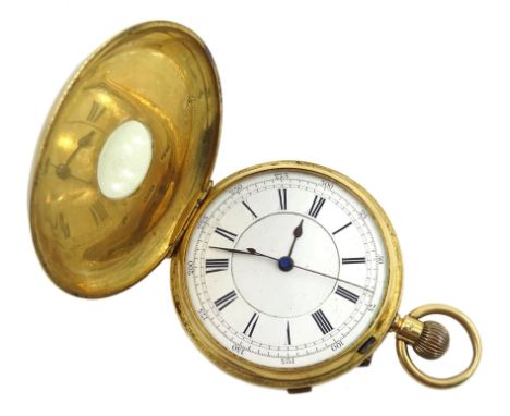 Victorian 18ct gold half hunter, keyless English lever chronograph pocket watch, movement back plate inscribed Andrew Marcus 