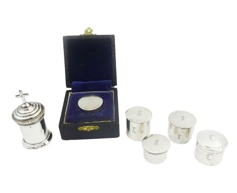 1940's silver pyx or wafer box, of cylindrical form with screw threaded cover and engraved initials to body, hallmarked Dubli