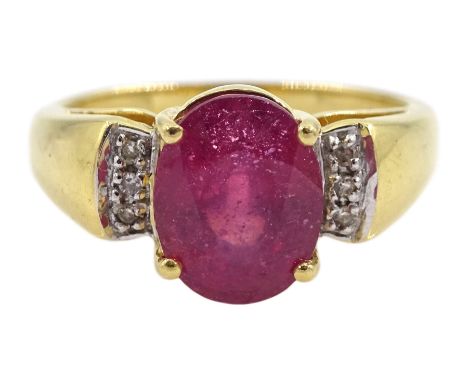 18ct gold oval ruby ring, with diamond set shoulders, hallmarked, ruby approx 2.90 carat