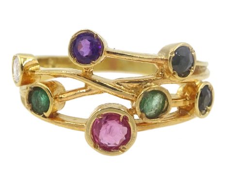 Silver-gilt multi gemstone set ring, stamped sil