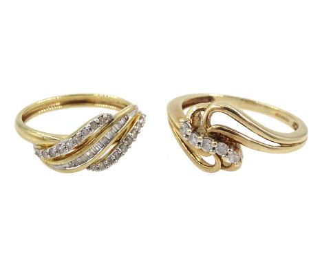 Gold baguette and round brilliant cut diamond crossover ring and one other five stone diamond crossover ring, both hallmarked
