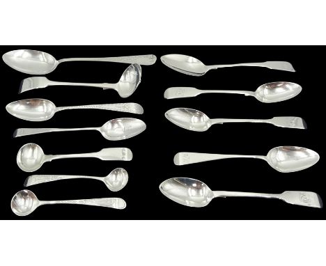 Group of mostly Georgian and Victorian silver spoons, to include pair of bright cut engraved condiment spoons, hallmarked Tho