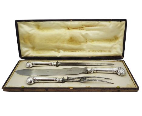 Edwardian silver handled three piece carving set, the knife blade stamped Asprey Bond Street, hallmarked Harrison Brothers &a