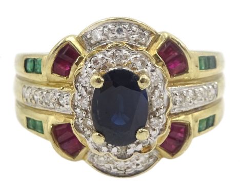 9ct gold oval sapphire, calibre cut emerald, ruby and diamond chip dress ring, hallmarked