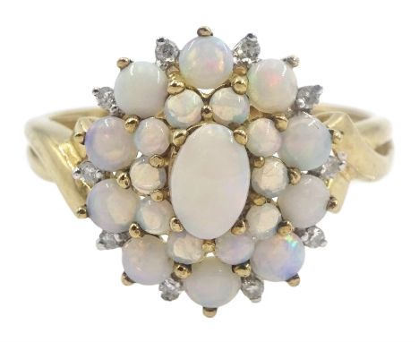 9ct gold opal and diamond cluster ring, hallmarked