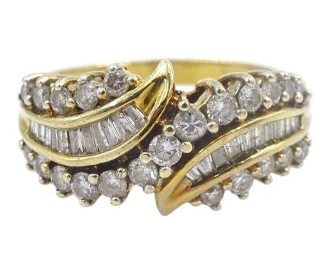 9ct gold baguette and round brilliant cut diamond crossover dress ring, hallmarked