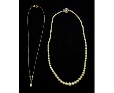 Gold pear shaped opal, sapphire and pearl necklace and a single strand pearl necklace with 9ct white gold clasp, both hallmar