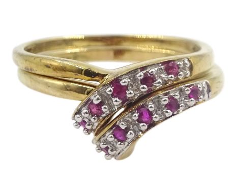 Two 9ct gold round ruby crossover rings, hallmarked