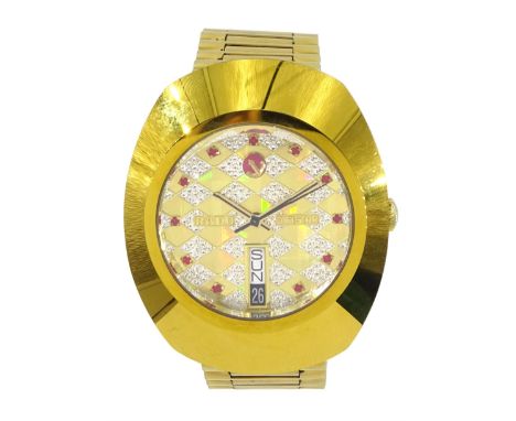 Rado DiaStar automatic gilt stainless steel wristwatch, with day/date aperture back case No. 636.0313.3, on original strap