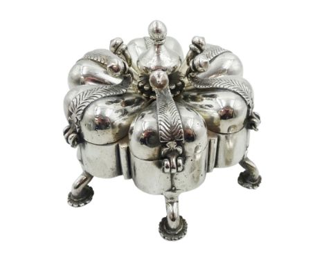 Indian silver spice box/pandan, probably 19th century, modelled in the form of a stylised flower with six lobed divisions wit
