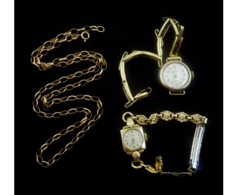 9ct gold belcher link necklace, hallmarked and two 9ct gold ladies manual wind wristwatches, both on gilt straps