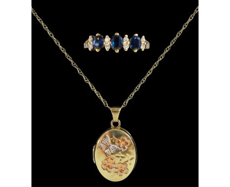 Gold butterfly and flower design locket pendant necklace and a gold sapphire and diamond dress ring, both 9ct hallmarked or s