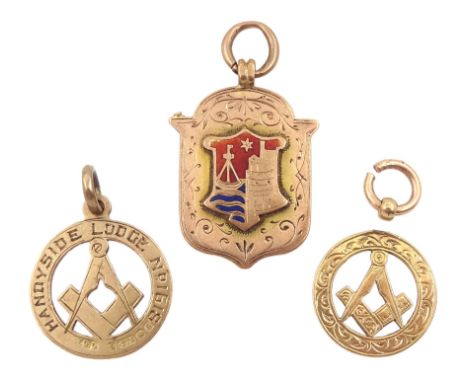 Rose gold enamel 'Scarborough Whist League' fob and two other rose gold Masonic pendant fobs, all hallmarked 9ct, approx 10.8