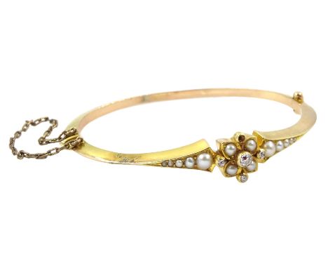Victorian 15ct gold split pearl and diamond set hinged bangle