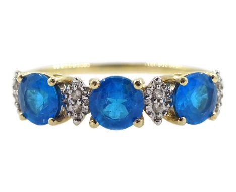Gold three stone neon apatite and white zircon ring, hallmarked