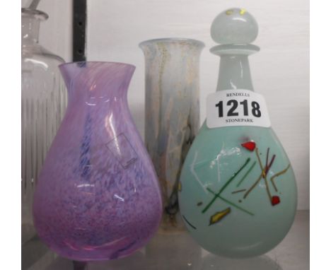 An Isle of Wight studio glass vase of cylindrical form with internal enamel decoration - sold with a similar Caithness glass 