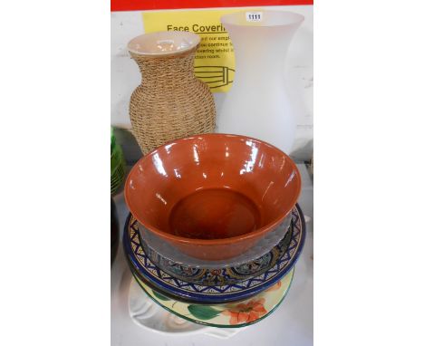 A quantity of ceramic and glass items including large frosted glass vase, Middle Eastern decorated dish, etc.
