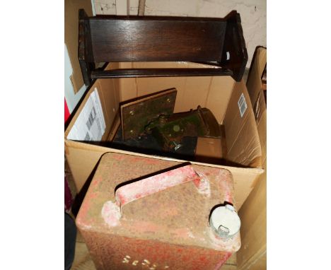 A box containing a quantity of assorted collectable items including vintage petrol can, old spigot taps, book trough, vintage