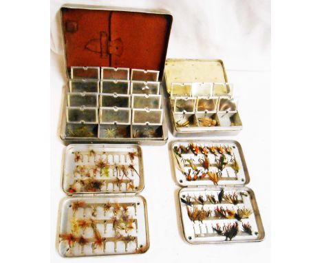 A pair of 3 1/2" vintage Wheatley 'Silmalloy' fly cases with clip mounted trout fly contents - sold with two other aluminium 