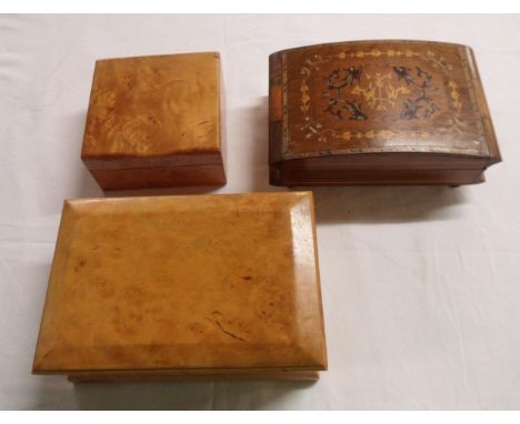 An Art Deco period burr walnut cigarette box - sold with a smaller similar and a Sorrento Ware musical box