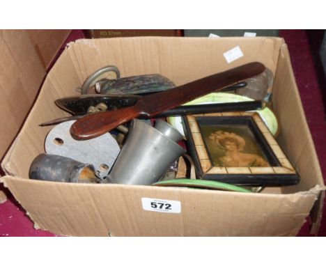A box containing a quantity of assorted collectable items including Chinese enamel dish, brass extending toasting fork, pewte