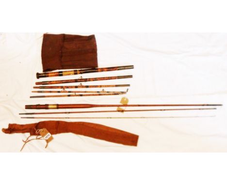 A 6' 6" antique Eaton &amp; Dellar Makers, 6 Crooked Lake, London (ESTd Two Centuries) four section burnt bamboo poacher's st